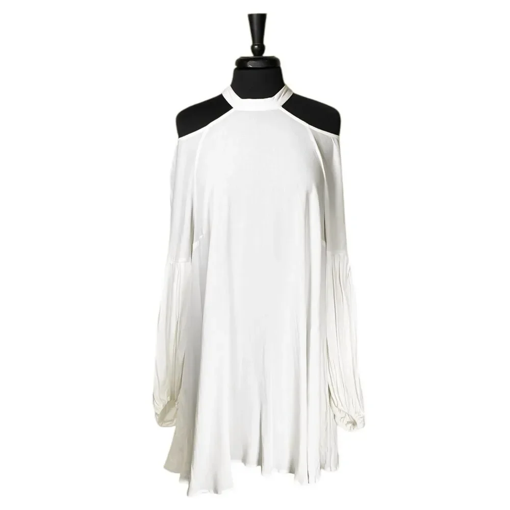 Free People Womens M Ivory Cold Shoulder Tunic Dress Pleated Boho Flowy Mini